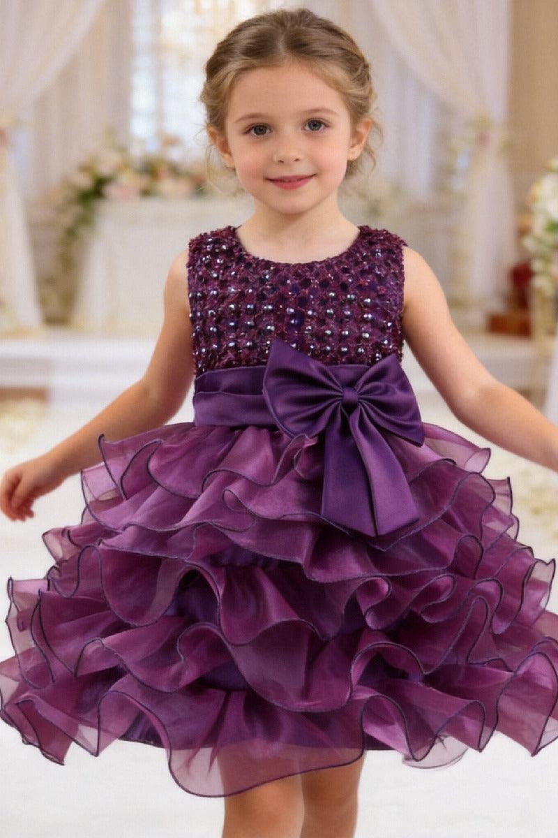 Short A-Line Round Neck Pearl Beaded Ruffled Organza Flower Girl Dresses 1031504952631 - 7 Days / Dark Purple / 18=S - COCOMELODY